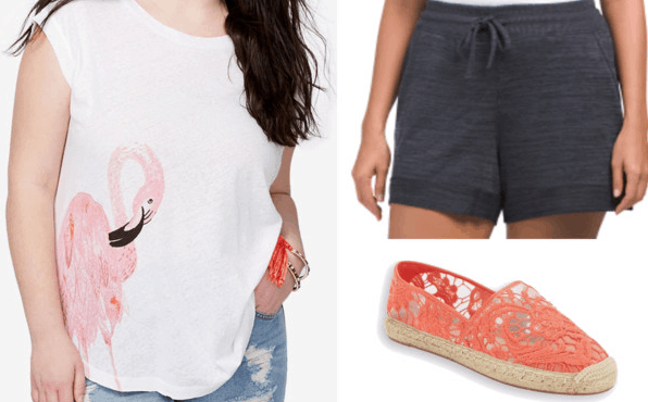 flamingo t-shirt dark grey lounge shorts coral espadrilles