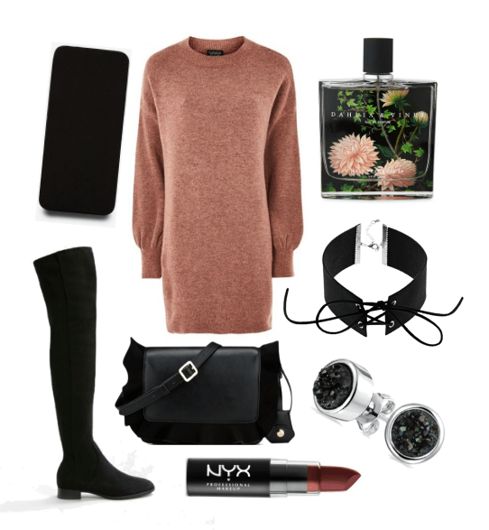 What to wear out with coworkers: Outfit for house party at a coworker's house with pink sweater dress, black over-the-knee boots, choker, black cross-body bag and bold lipstick