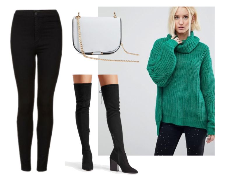 Sophisticated style: Green turtleneck sweater, black leggings, black suede over the knee boots, gray crossbody purse with gold chain strap