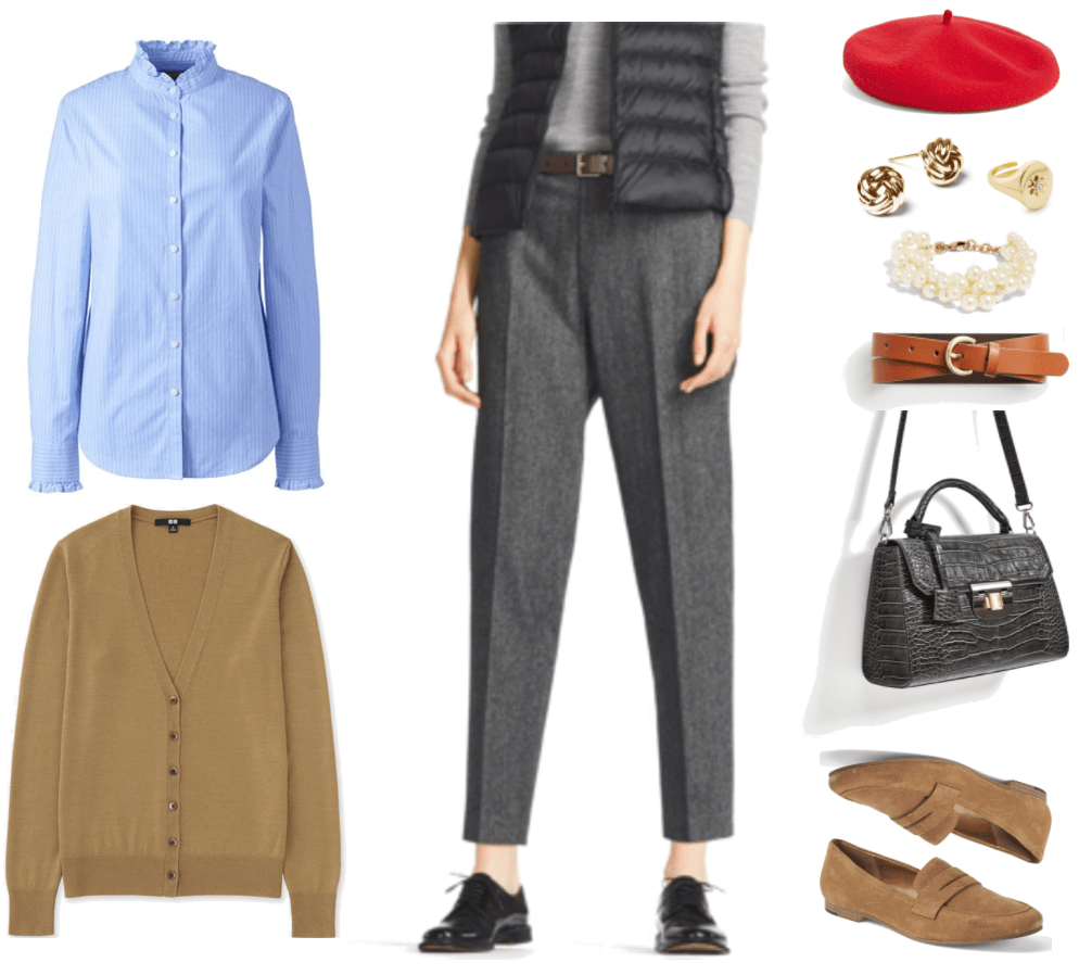 "How to Rock a Beret if Your Style is Preppy, Casual, Feminine or Boho" Outfit #1: Preppy featuring pale blue long-sleeved button-up shirt with ruffled collar and cuffs, camel-colored v-neck cardigan, gray tweed ankle-length pants, red beret, gold knot earrings, gold adjustable starburst signet ring with clear stone, multi-strand pearl bracelet, cognac-brown belt, dark gray croc-embossed top-handle bag with cross-body strap and gold hardware, camel-colored penny loafers