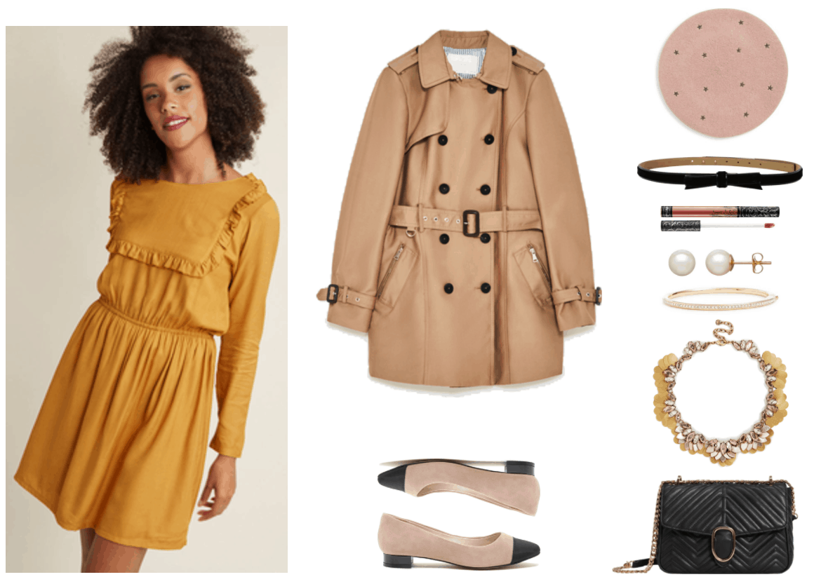 "How to Rock a Beret if Your Style is Preppy, Casual, Feminine or Boho" Outfit #3: Feminine featuring long-sleeved a-line mustard-colored dress with elasticized waist and ruffle detail, medium beige short double-breasted trench coat, light beige pointed-toe flats with black cap toe and black small heel, pale dusty-pink beret with gray embroidered stars, black velvet bow belt with patent-leather-piped edges, Kat Von D Everlasting Liquid Lipstick in Lolita II, a terracotta brownish-pink shade; pearl stud earrings with gold posts, skinny gold hinged bangle with clear stones at front, gold fan bib statement necklace with pale pink and leaf-shaped clear stones and rose gold faux leather leaf-shaped details, black quilted bag with gold chain-strap and hardware