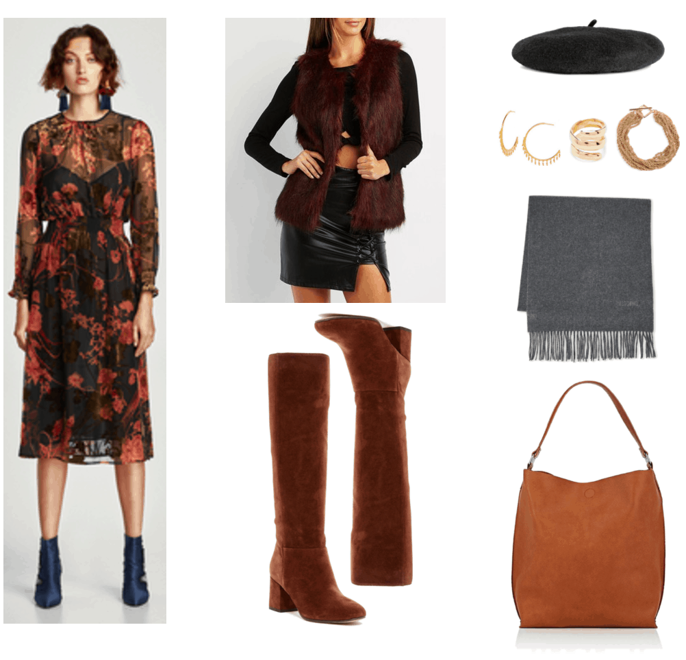 "How to Rock a Beret if Your Style is Preppy, Casual, Feminine or Boho" Outfit #4: Boho featuring long-sleeved sheer black midi-length dress with red floral print, elasticized waist, and black lining with sweetheart neckline; oxblood-colored faux fur vest, brown suede knee-high boots with block heel, black beret, gold open hoops with dangling gold beaded "fringe," gold wrap-around ring, gold multi-chain rope bracelet with square toggle closure, charcoal-gray scarf with fringe, cognac-brown hobo bag