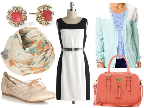 How to style a black and white dress for day with mint cardigan coral bag floral scarf lace brogues and pink studs