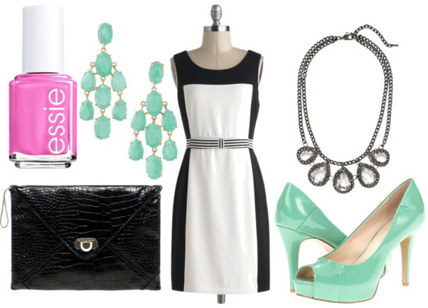 How to style a black and white dress for night with black snakeskin clutch mint peeptoe pumps crystal statement necklace mint chandelier earrings and fuchsia nail polish