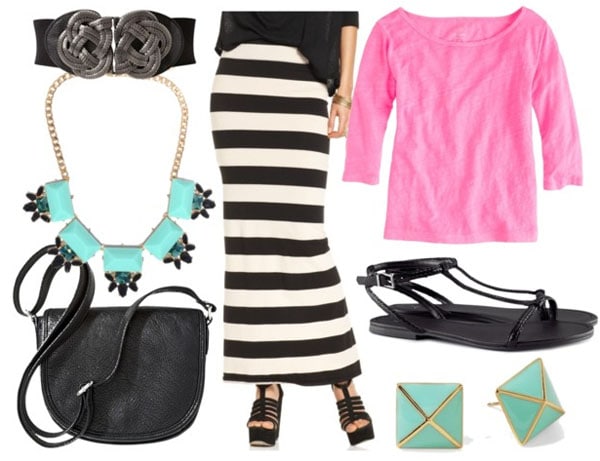 How to style a black and white striped maxi skirt for day with pink long sleeved tee flat black sandals black shoulder bag black braided waist belt aqua statement necklace and studs