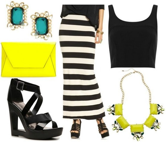 How to style a black and white striped maxi skirt for night with cropped black tank black wedges yellow tab statement necklace yellow clutch and teal crystal studs