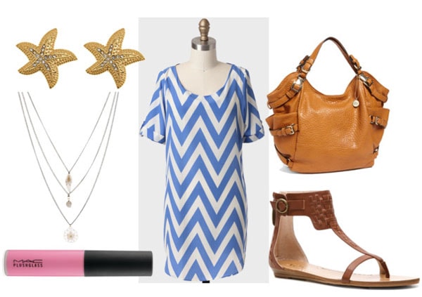 How to style a chevron dress for day with flat brown sandals layered necklace pink lipgloss gold starfish earrings brown hobo bag
