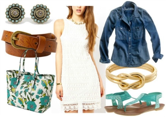 How to style a crochet dress for day: printed belt, denim shirt, turquoise sparkly sandals, knot bracelet, floral tote, and turquoise earrings