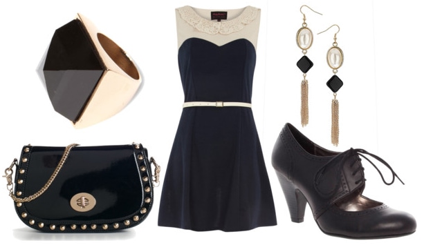 how to style a peter pan collar dress for night with black oxford heels spiked black crossbody bag pearl drop earrings and black stud ring