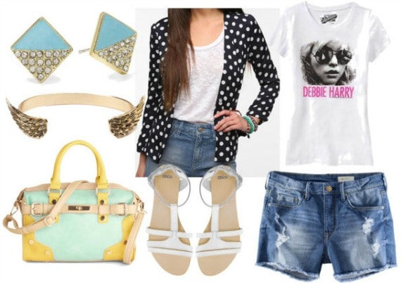 How to style a polka dot blazer for class with band tee distressed denim shorts white flat sandals pastel shoulder bag wing bangle and blue studded earrings