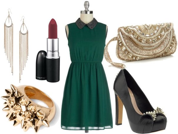 How to style a studded collar dress for night with embellished gold clutch spiked pumps spike ring plum lips and chandelier earrings