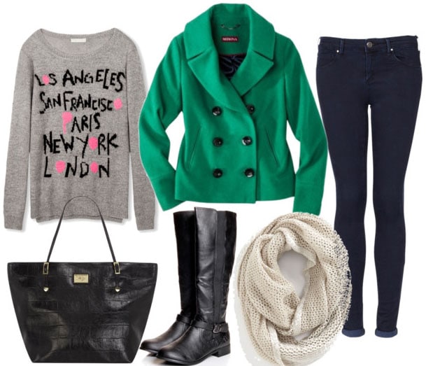 How to style an emerald coat with skinny jeans cream scarf black tote black riding boots and graphic sweater