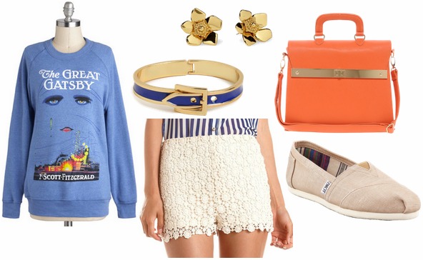 How to style crochet shorts for day with graphic sweatshirt orange shoulder bag beige toms blue buckle bangle and gold floral studs