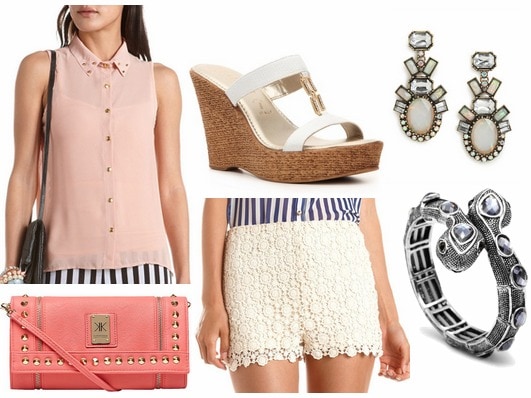 How to style crochet shorts for night with blush gem embellished collard shirt snake bangle pink wristlet white wedges and geometric drop earrings