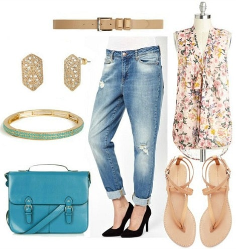 How to style distressed boyfriend jeans for day with floral blouse nude flip flops nude belt turquoise satchel turquoise bracelet and studded shield earrings