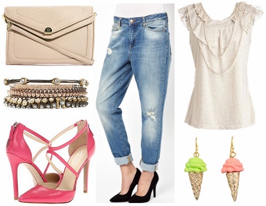 How to style distressed boyfriend jeans for night with necklace blouse pink cutout pumps ice cream earrings bangles and nude cross body bag