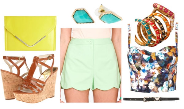 How to style scallop shorts for night with floral corset top brown strappy wedges black belt lemon clutch multi bangles and turquoise teardrop studs