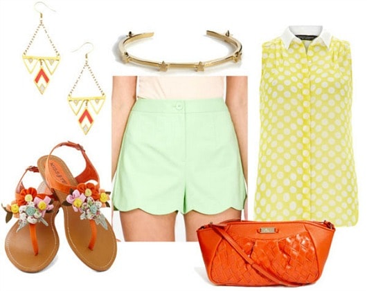 How to stype scallop shorts for day with yellow dot collared shirt orange embellished sandals orange bag geometric drop earrings and star bangle