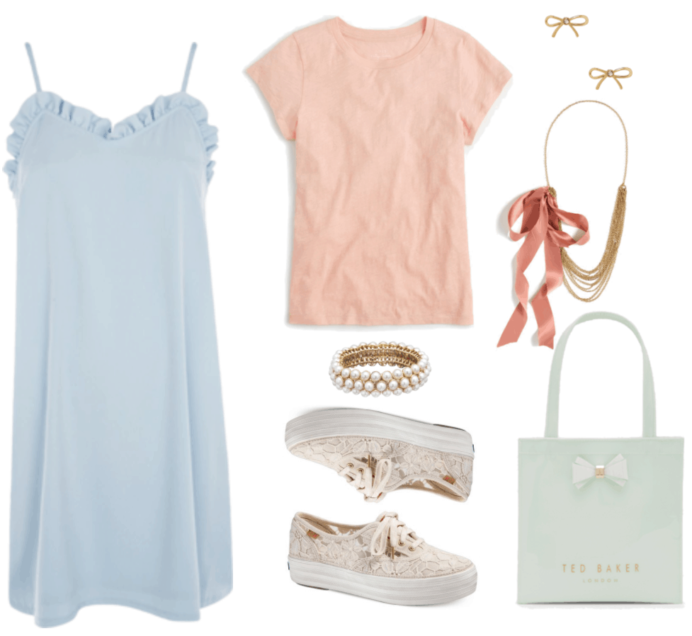 "How to Wear a Slip Dress" Outfit #1 featuring pale blue riffled slip dress, pale pink crewneck t-shirt, triple-layer faux-pearl stretch bracelet, ivory floral lace platform Keds sneakers, gold bow stud earrings with clear stone in the middle, gold layered chain necklace with medium-pink silk bow, mint-green small plastic tote bag with mint-green and gold bow detail and gold "Ted Baker London" logo