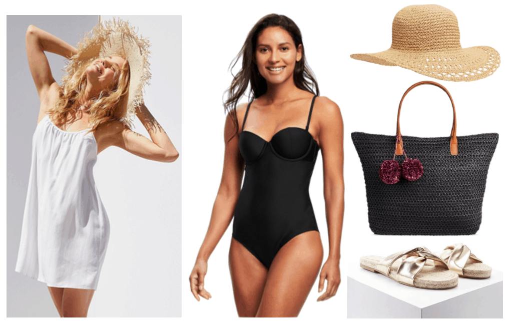 "How to Wear a Slip Dress" Outfit #2 featuring white slip dress with thin tan vertical stripes, black balconette one-piece bathing suit, beige straw hat, black straw tote with purple pom-pom accents, gold twisted espadrille flat sandals