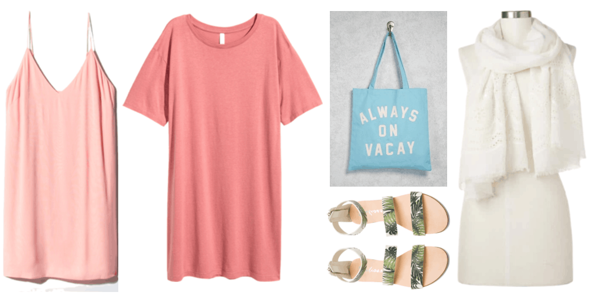 "How to Wear a Slip Dress" Outfit #3 featuring pale pink slip dress, medium rosy-pink short-sleeved t-shirt dress, bright blue tote with "Always on vacay" slogan in white, green palm-printed strappy sandals, white eyelet-trimmed scarf