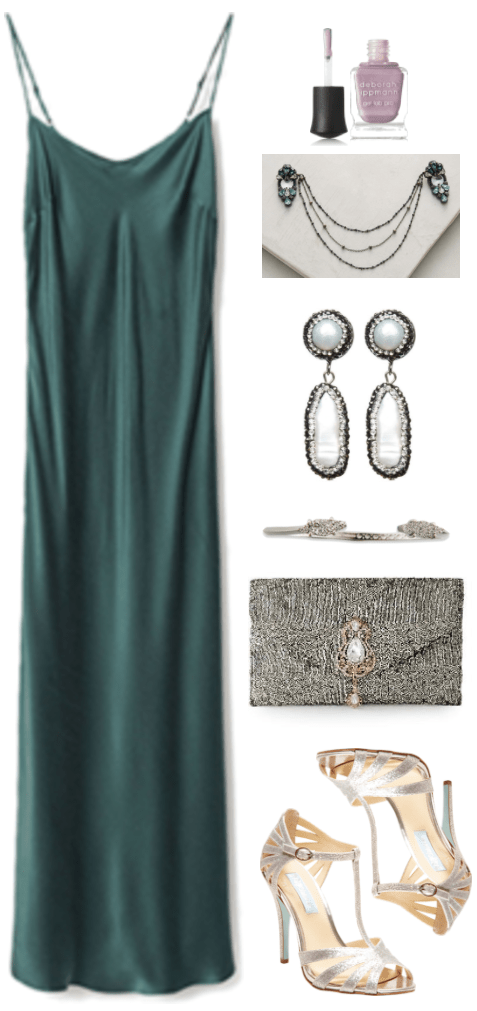 "How to Wear a Slip Dress" Outfit #4 featuring long dark green slip dress, Deborah Lippmann nail polish in "Message in a Bottle," mauve with sparkles; draped hair clip with gray chains and blue and white stones, pearl and hematite earrings, silver druzy cuff bracelet, gold-sequin-covered envelope clutch with gold embellishment with clear stones, silver sparkly caged t-strap heeled sandals
