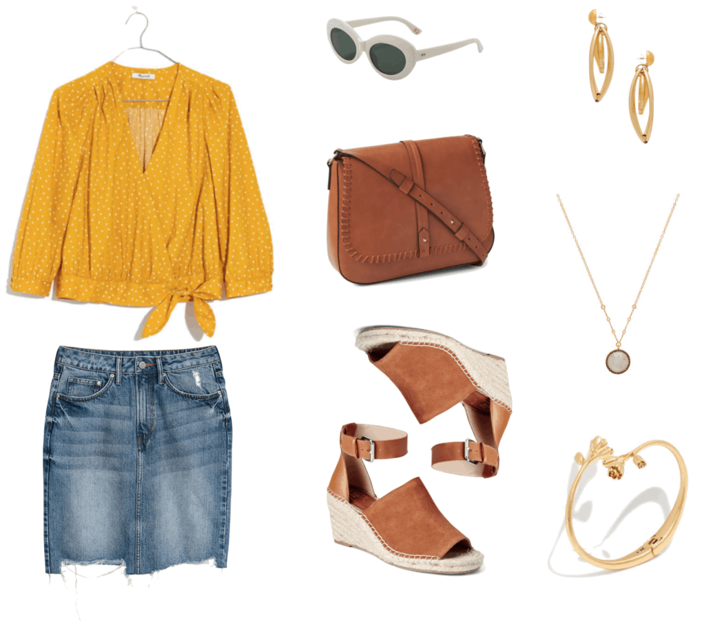 Saffron yellow three-quarter-sleeve wrap top that ties at hip and has small white star print; light-wash slightly distressed denim pencil skirt with destroyed uneven hem, white oval-shaped sunglasses with dark blue-green lenses, large cognac-brown cross-body bag with whip-stitching, cognac-brown suede and leather espadrille wedges with peep toe and buckle ankle strap, gold drop caged circle earrings, gold pendant necklace with round faceted gray-green stone surrounded by small black stones, gold hinge open wrap cuff bracelet with larger and smaller roses at either end