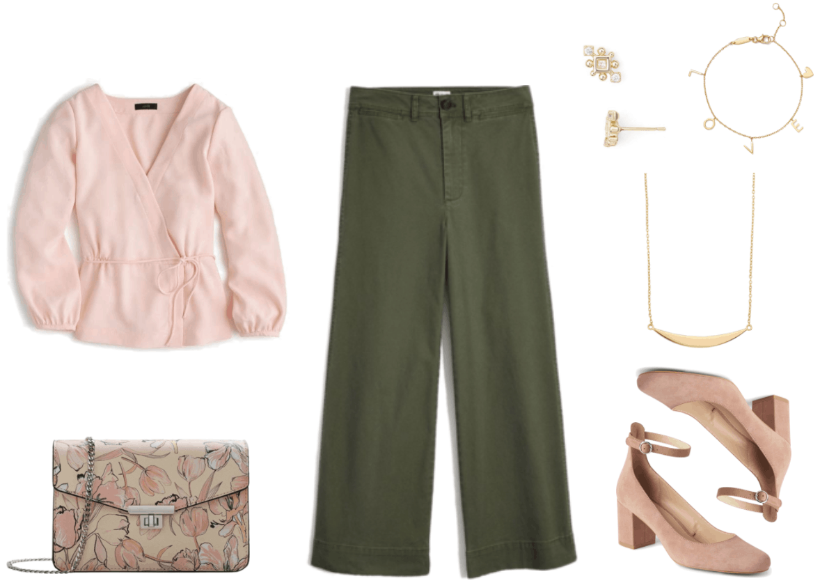 Pale pink long-sleeved drapey faux wrap top with skinny tie, beige chain-strap bag with pale pink floral print and silver hardware, olive-green cropped wide-leg pants, gold stud earrings with diamond-shaped clear stone, two round clear stones, and gold ball accents; gold bracelet with gold "LOVE" and heart charms, gold necklace with slim horizontal half-moon, beige suede round-toe block-heel pumps with ankle strap