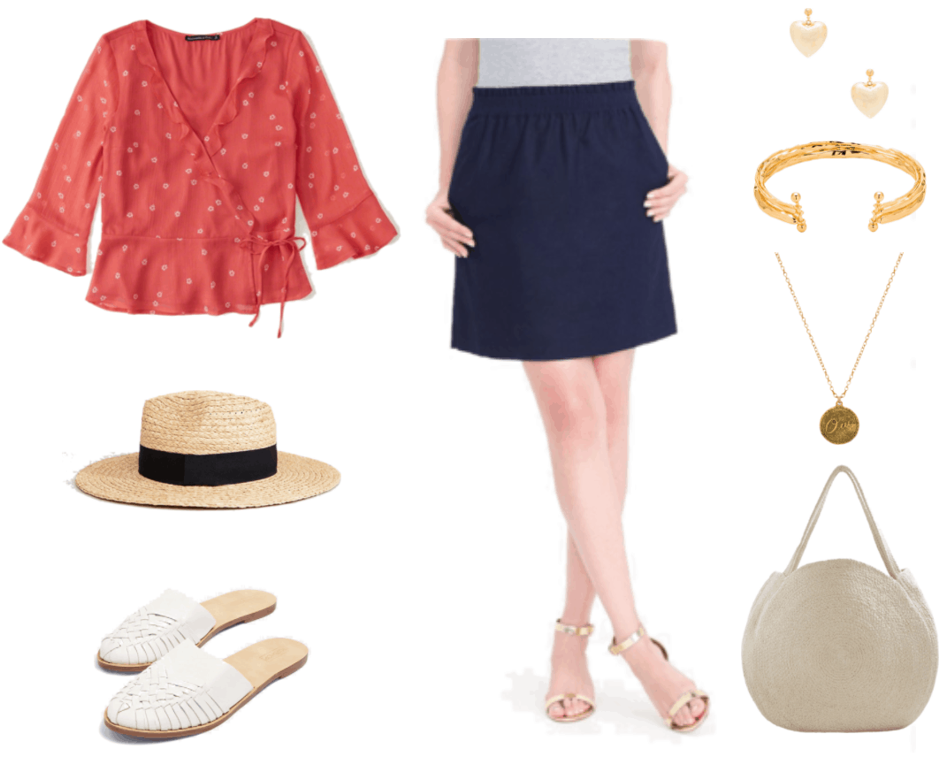 Coral-red side-tie three-quarter-sleeve wrap top with ruffled neckline and sleeves and small white floral print, straw fedora hat with black band, white woven flat round-toe mules, high-waisted navy blue elastic-waist skirt, gold heart puff heart drop earrings, gold triple-layer hammered cuff bracelet held together with small vertical gold bars at either side with balls on either end, brass necklace with round etched "Oui" pendant, light beige round woven tote