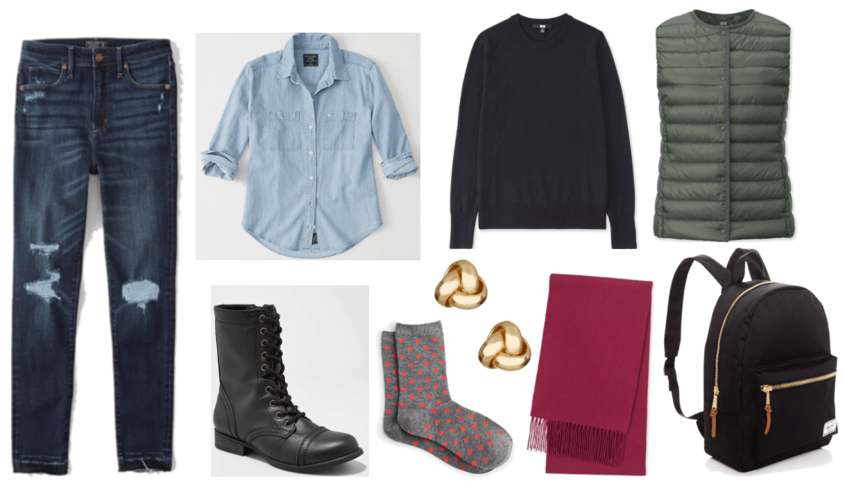 "How to Wear Combat Boots Without Looking Too Edgy" Combat boots outfit #1 featuring high-rise dark-wash ripped jeans with let-out hem, light-wash denim shirt with chest pockets, navy blue crewneck sweater, olive green lightweight down vest, black combat boots, gray socks with orange polka dots, gold knot stud earrings, wine-red scarf with tassels, black backpack with gold zippers and cognac-brown zipper pulls