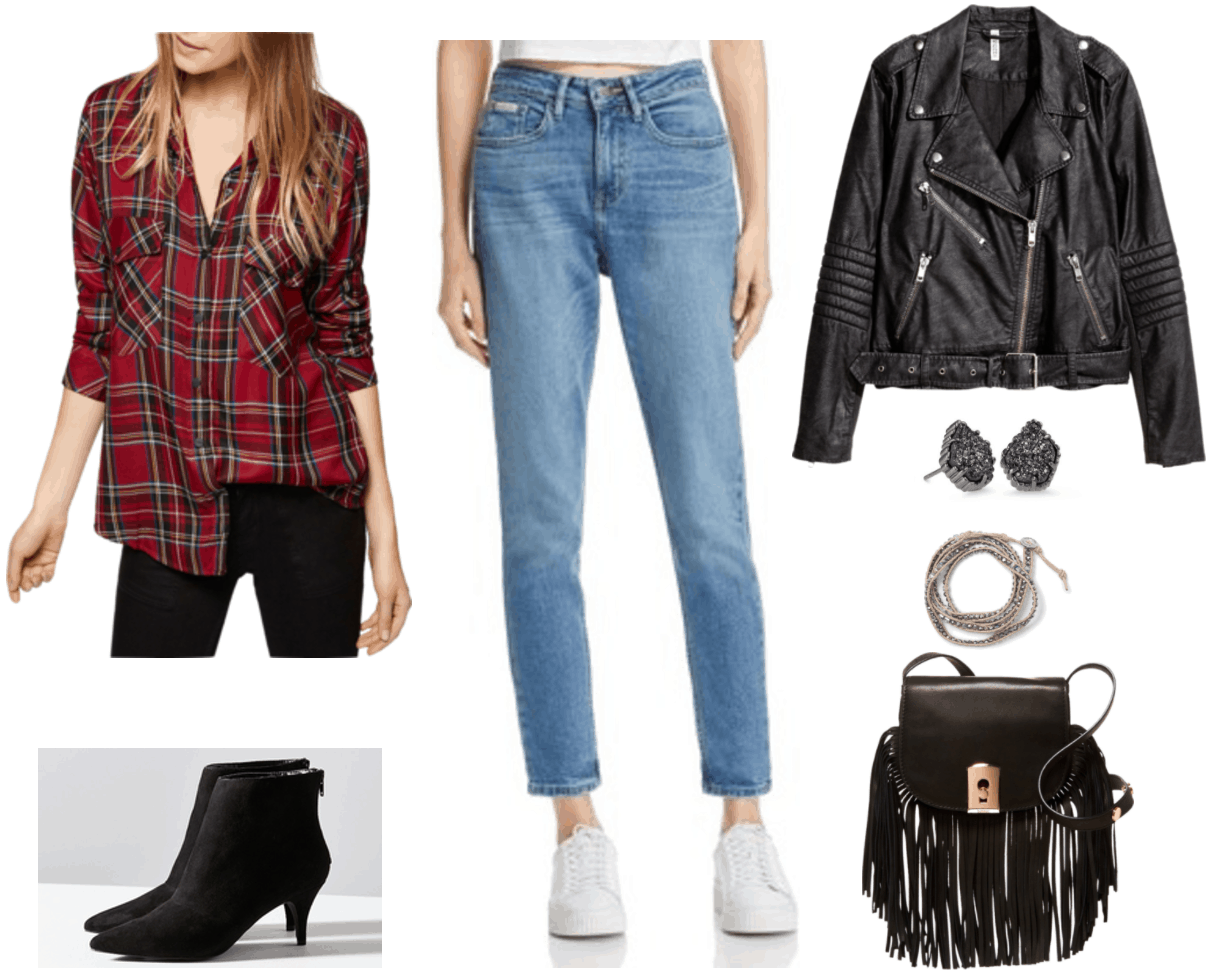 "How to Wear Kitten Heels--Without Looking Frumpy of Juvenile" Outfit #3 featuring red plaid button-up shirt with chest pockets, black kitten-heel ankle boots with pointed toe, light-wash mom jeans, black faux leather biker jacket with silver hardware, silver stud earrings with dark gray druzy stones, beige wrap bracelet with silver beads, black saddle cross-body bag with fringe and gold hardware