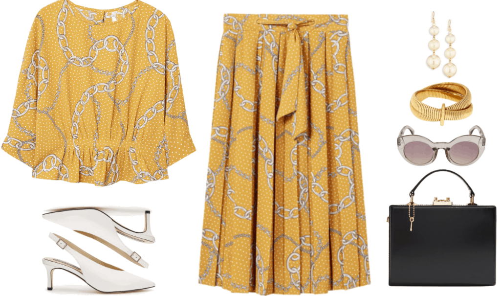"How to Wear Kitten Heels--Without Looking Frumpy of Juvenile" Outfit #4 featuring mustard-yellow polka-dot and chain-print three-quarter-sleeved blouse with shirring at the waist, white embossed high-cut slingback kitten heels with silver buckle, mustard-yellow polka-dot and chain-print midi skirt with tie at waist, gold triple-pearl drop earrings, gold double crossover bracelet linked together by gold band, light-gray transparent plastic sunglasses with pale mauve-ish lenses, black box bag with top-handle, gold hardware, and gold key attached with gold chain