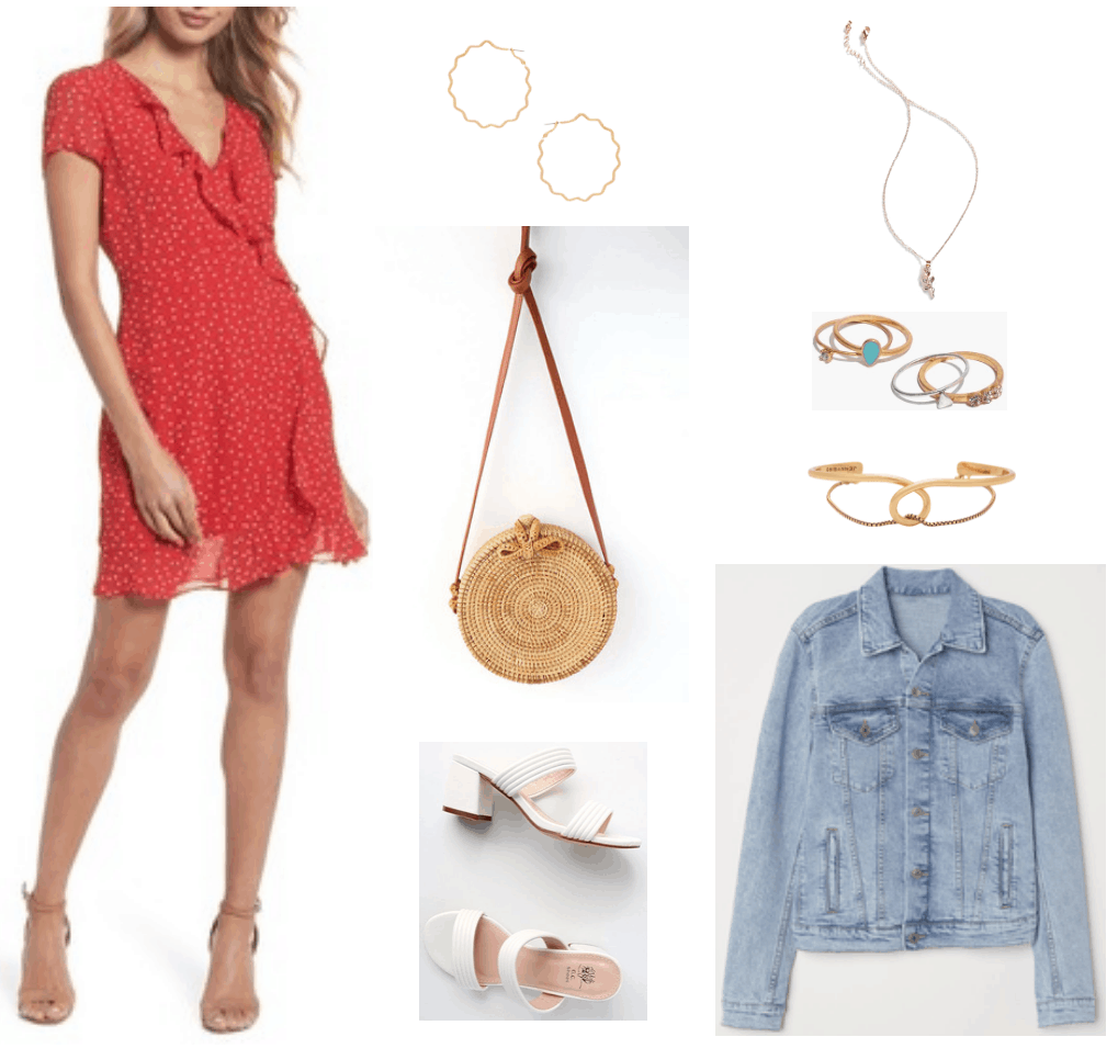 Red ruffled faux-wrap short-sleeved dress with small white polka dots, medium-sized gold zig-zag hoop earrings, tan round woven rattan cross-body bag with cognac-brown leather shoulder strap, white chunky-heeled double-strap mule sandals, gold necklace with rose pendant, set of four rings that includes gold ring with turquoise enamel, gold ring with clear stone, gold ring with three clear stones, and silver ring with triangle, gold loop cuff bracelet with chain going through, light-wash denim jacket