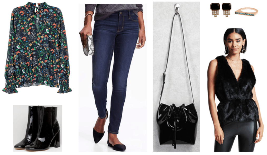 "How to Wear the Patent Trend This Season" Outfit #1 featuring navy blue long-sleeved high-neck blouse with tie at back, black patent ankle boots with block heel, mid-rise skinny jeans in dark wash, black patent bucket bag with drawstring, gold deco-style earrings with black rectangular stone and a columns of small clear stones surrounded on either side by two rectangular clear stones; gold ring with bar with faceted turquoise stones, black faux fur vest with faux suede tie at waist