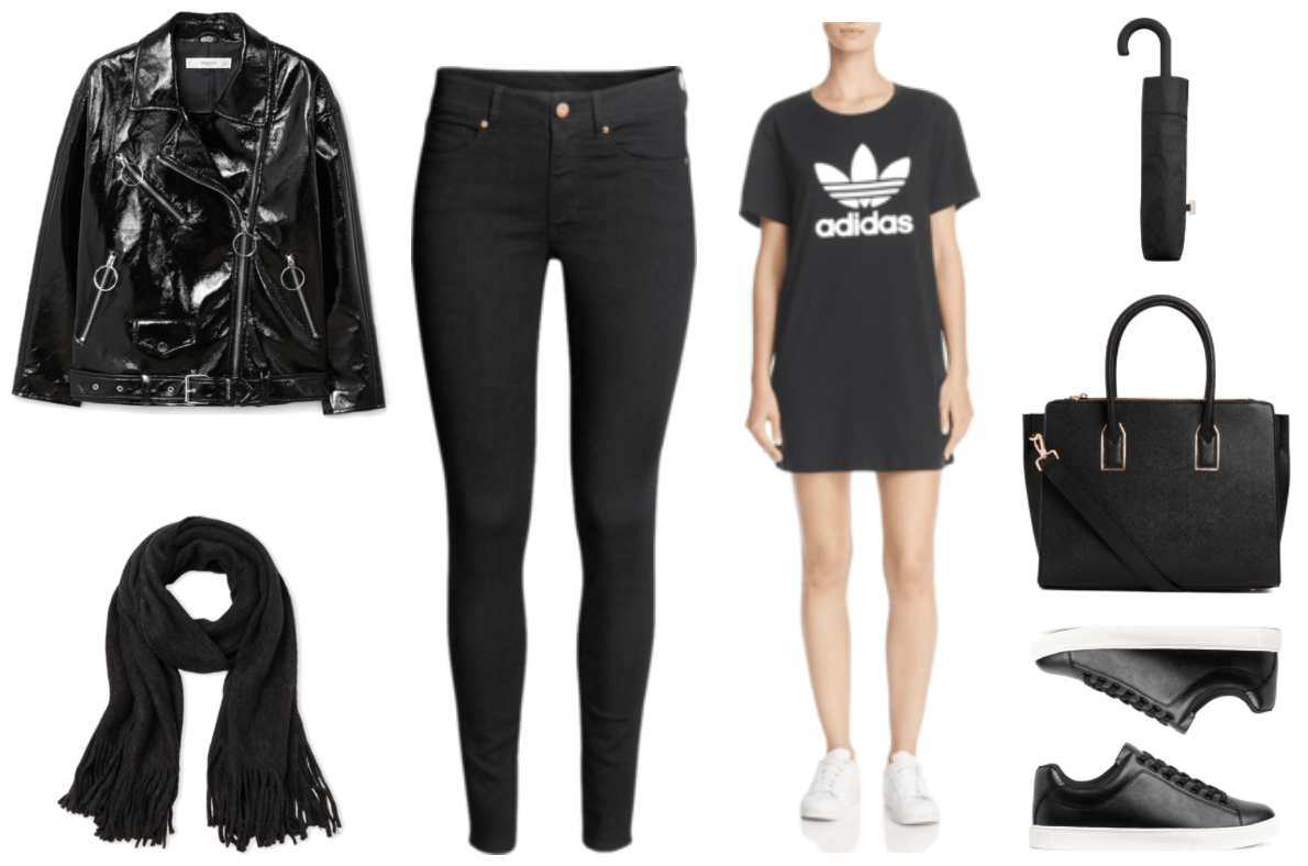 "How to Wear the Patent Trend This Season" Outfit #2 featuring black patent motorcycle jacket with silver hardware and zippers with ring pulls, black scarf with fringe, black skinny jeans, black adidas short-sleeved t-shirt dress with white adidas trefoil logo and name, black umbrella in matching case, black top-handle bag with cross-body strap and gold hardware, black faux leather sneakers with shiny faux leather detail at back and white soles