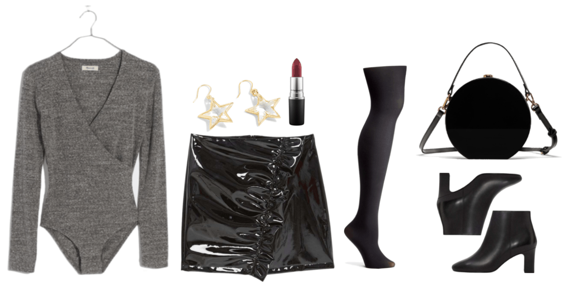 "How to Wear the Patent Trend This Season" Outfit #3 featuring long-sleeved heathered medium-dark gray wrap-front bodysuit, clear star drop earrings set in gold, MAC Matte Lipstick in "Studded Kiss," a burgundy shade; black patent skirt with draped diagonal ruffle, black opaque tights, black hard hatbox-style bag with cross-body strap and gold hardware, black heeled ankle boots