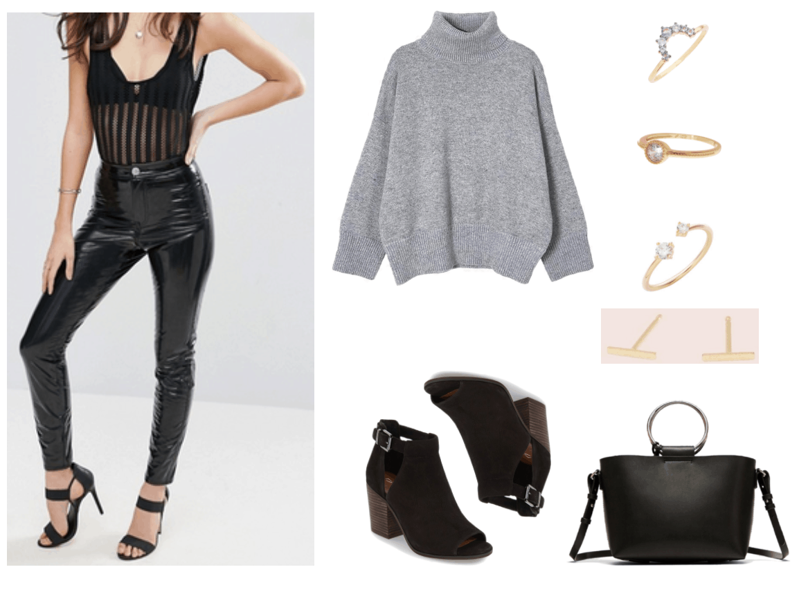 "How to Wear the Patent Trend This Season" Outfit #4 featuring black high-waisted patent skinny pants, light gray cropped turtleneck sweater, black peep-toe ankle boots with wooden block heel, silver buckle, and split shaft; gold ring with moonstone crescent, gold ring with round clear stone, open gold ring with smaller clear stone at one end and larger clear stone at other end; flat gold line stud earrings, black mini tote with cross-body strap and silver ring handles