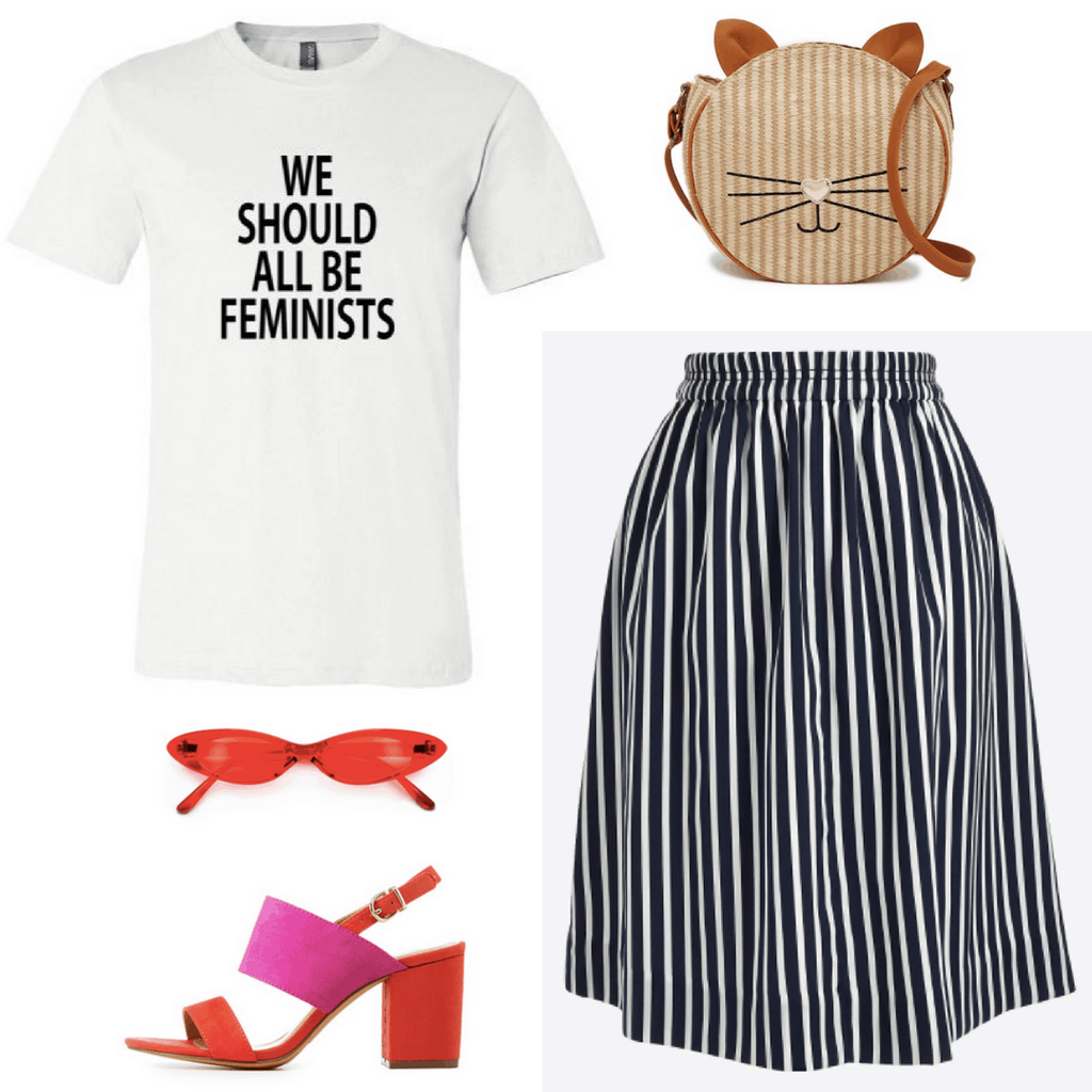 How to wear stripes this spring: Outfit with black and white striped midi skirt, red heels, cat bag, We Should All Be Feminists tee, sunglasses