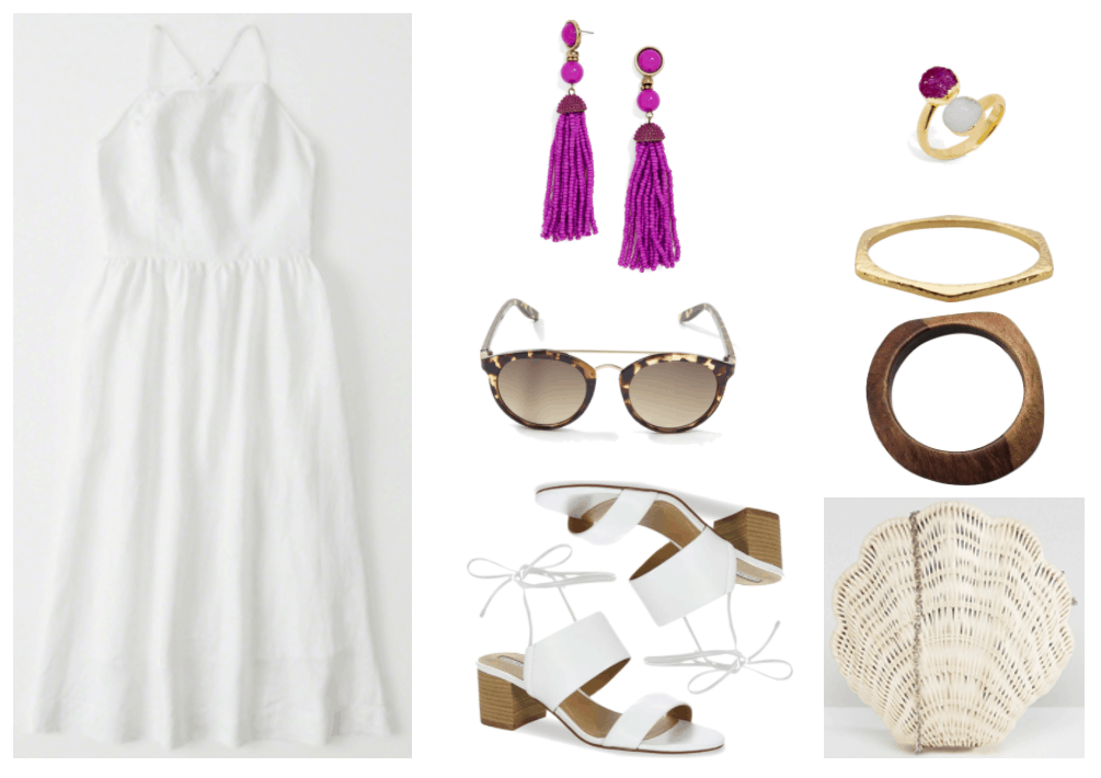 "How to Wear White Shoes (That Aren't Sneakers)" Outfit #1 featuring white square-neck midi dress, magenta beaded tassel earrings, plastic brown tortoise shell sunglasses with gold metal brow bar, white tie-up sandals with chunky heel, open gold ring with magenta and white druzy stones, hexagonal gold bangle bracelet, brown wooden bangle bracelet, off-white straw seashell-shaped clutch with silver chain strap