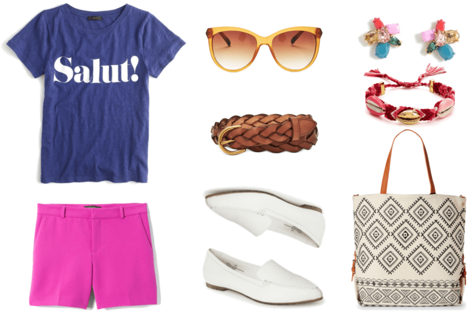 "How to Wear White Shoes (That Aren't Sneakers)" Outfit #2 featuring medium-cobalt blue t-shirt with "Salut!" across the chest in white, plastic sunglasses with ombré brown lenses, transparent yellow frames, and tortoise arms; brown braided belt with gold hardware, white pointed-toe loafers, multi-colored crystal burst stud earrings, red, pink, and white woven friendship bracelet with gold and pink-and-white shells; reversible cream tote with black embroidery and brown handles and side details with silver buckle accents