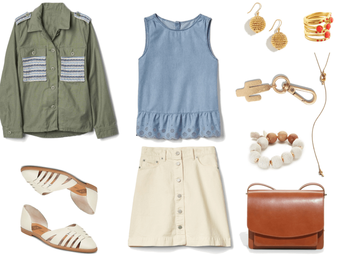 "How to Wear White Shoes (That Aren't Sneakers)" Outfit #3 featuring olive green shirt-jacket with shiny embroidery, white woven pointed-toe d'orsay flats, sleeveless pale-blue denim eyelet peplum top, off-white button-front denim skirt, gold beaded orb drop earrings, set of five matte gold rings with coral stones, gold cactus bag charm, white yarn-covered wooden and plain brown wooden beaded bracelet with gold accents and beige tassel, gold necklace with gold knots and no closure, brown saddle-stitch rectangular shoulder bag