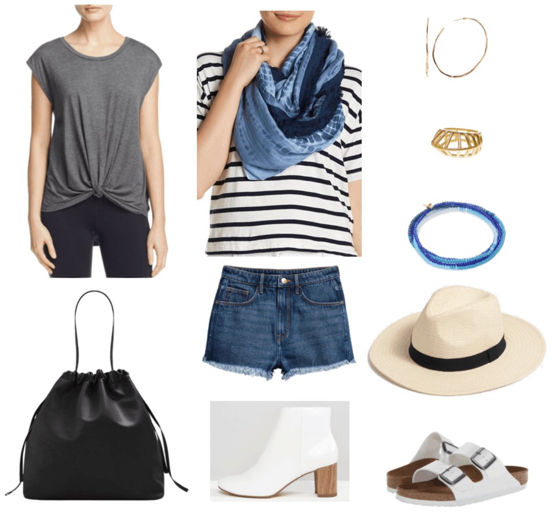 "How to Wear White Shoes (That Aren't Sneakers)" Outfit #4 featuring gray t-shirt with twist detail at the front, black hobo bag with drawstring closure, blue tie-dye infinity scarf with fringe, medium-blue wash high-waisted denim shorts with frayed hem, white ankle boots with wooden heel, large gold textured hoop earrings, gold cage ring, blue ombré seed-bead wrap bracelet, straw panama hat with black ribbon, white Birkenstock "Arizona" sandals with white soles