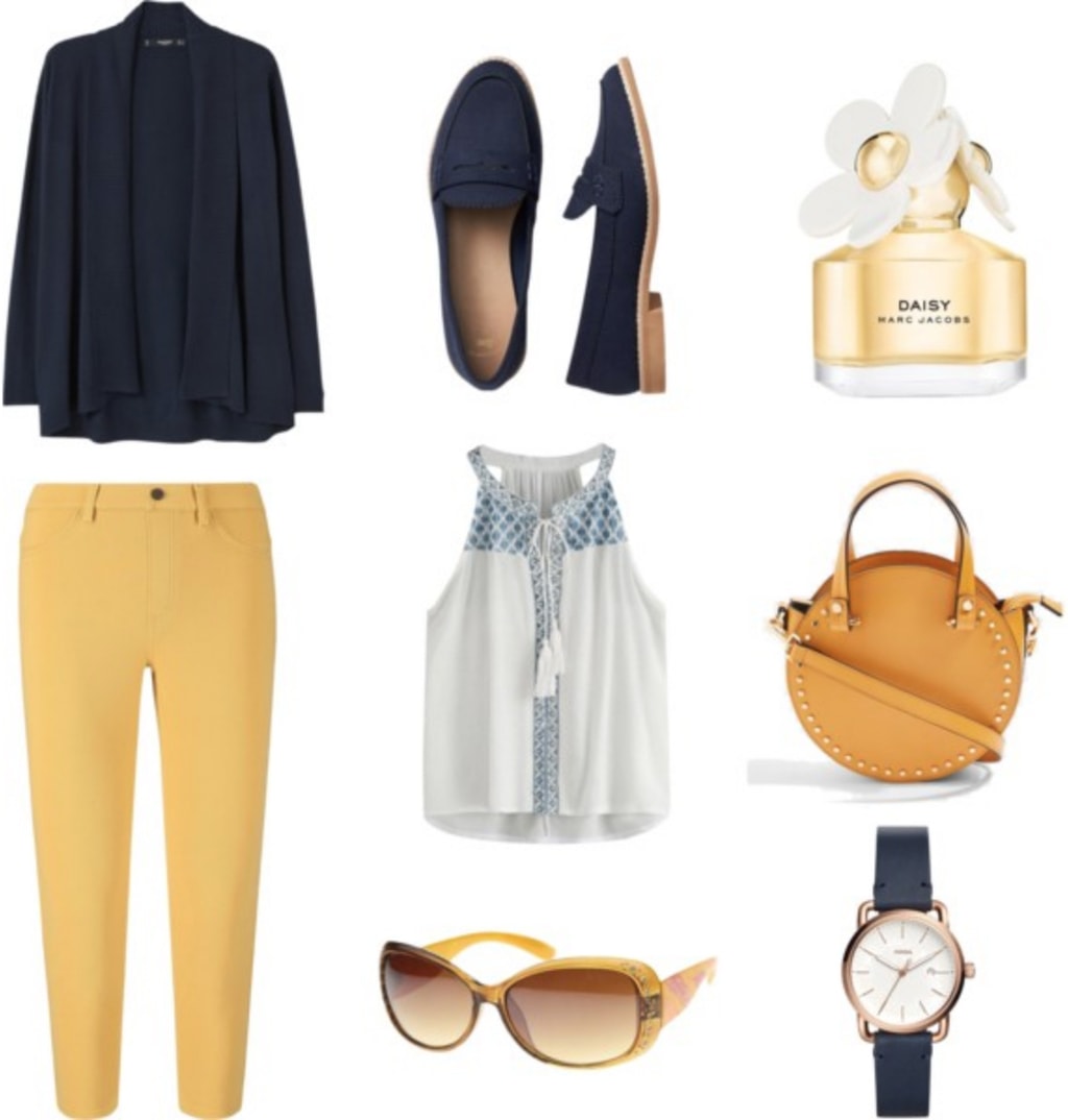 How to wear yellow: Outfit with yellow pants, navy blue cardigan, light blue patterned tank, navy blue loafers, mustard yellow circle bag, navy blue watch, gold sunglasses