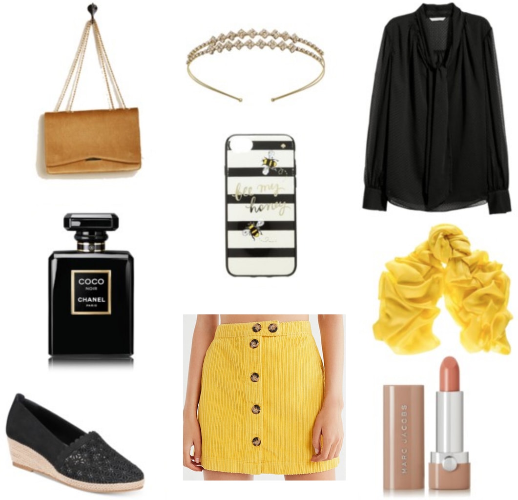 How to wear yellow - outfit 2 with mustard yellow button front mini skirt, navy blue blouse, yellow scarf, navy blue espadrille wedges, stripe phone case, jeweled headband, camel chain strap purse, nude lipstick