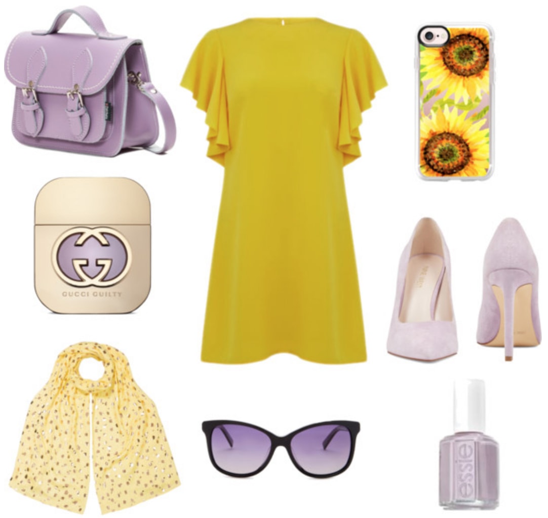 How to wear yellow: Outfit with yellow flutter sleeve dress, lavender pumps, lavender satchel bag, yellow patterned scarf, purple sunglasses, sunflower iPhone case, pastel lavender nail polish