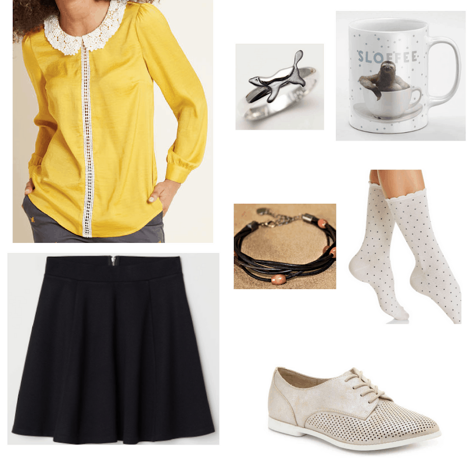 Hufflepuff outfit with yellow lace collar blouse, honeybadger ring, sloth coffee cup, polka dot socks, black mini skirt, oxfords, and a black string bracelet