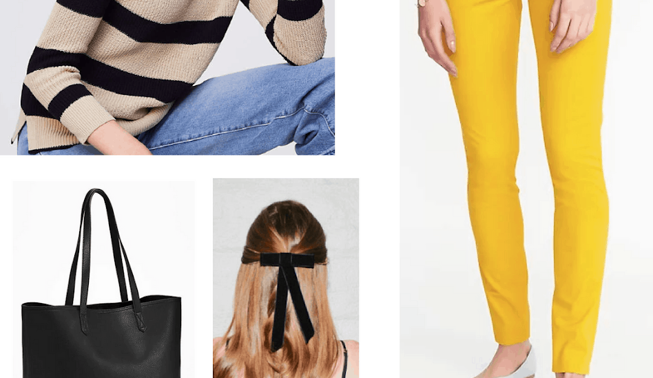 Hufflepuff outfit with yellow pants, tan and black striped sweater, hair bow, black tote bag, and black scalloped flats