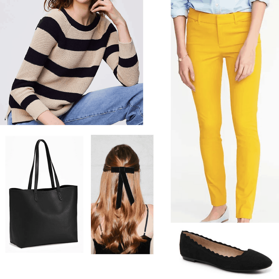 Hufflepuff outfit with yellow pants, tan and black striped sweater, hair bow, black tote bag, and black scalloped flats