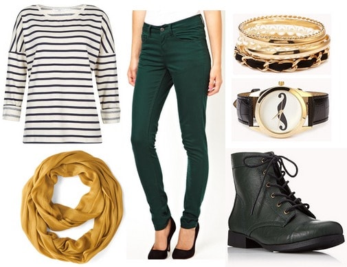 Hunter greeen jeans, stripe top, goldenrod scarf, combat boots