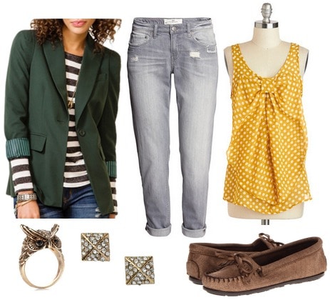 Hunter green blazer, goldenrod blouse, boyfriend jeans, mocs
